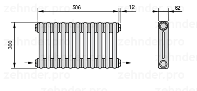 Схема (чертеж) Радиатор Zehnder Charleston 2030/11 №2670 Белый глянцевый RAL 9016